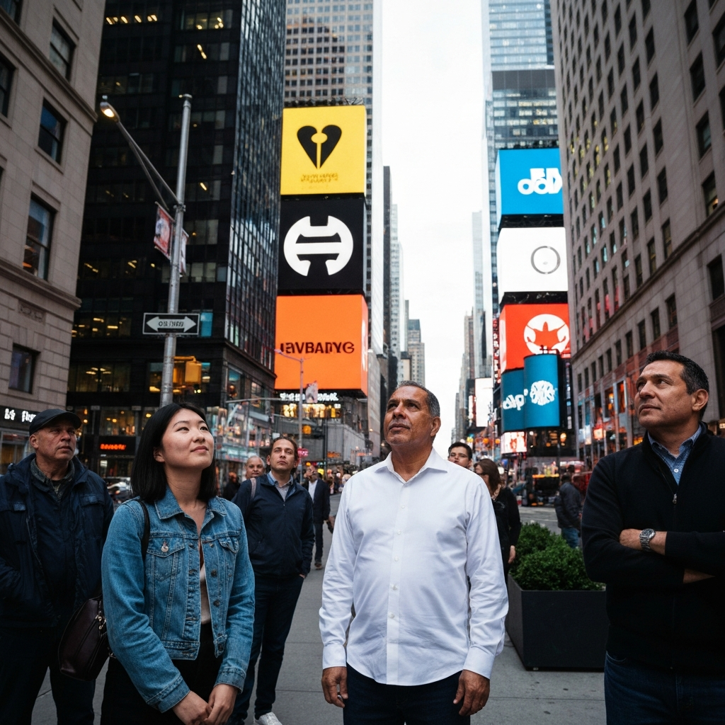 people standing in New York looking at bold logos